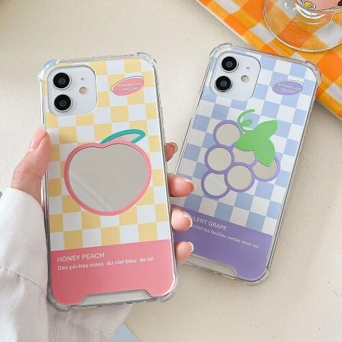 Korean Mirror Peach Grape Bracket Soft Phone Case For iPhone 11 12 Pro Max 7 8 Plus X XR XS SE 20 Lovely Bumper Back Cover Capa