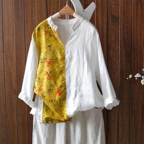 2021Spring Shirts Women Sweet Color Spliced Loose Stand Sleeve Print Asymmetric Female Fashion Tees