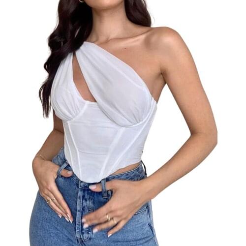 Womens One Shoulder Tank Tops, Sexy Sleeveless Solid Color Cutout Bustier Crop Tops