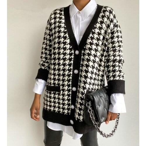 Ladies Houndstooth Autumn Winter Cardigans Women Sweater Coat Knitted Loose Oversized Women Sweaters Jacket Jumper Female Tops