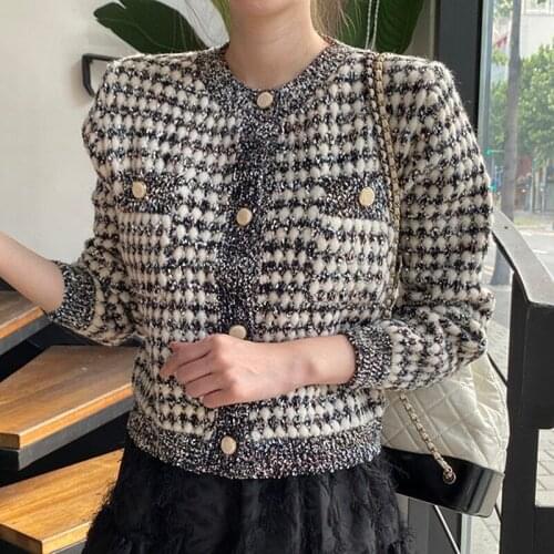 2021 Chic Panelled Patchwork Sweater Women Elegant Exquisite Button Coat All-match O-neck Double Pockets Cardigan Y2k Aesthetic