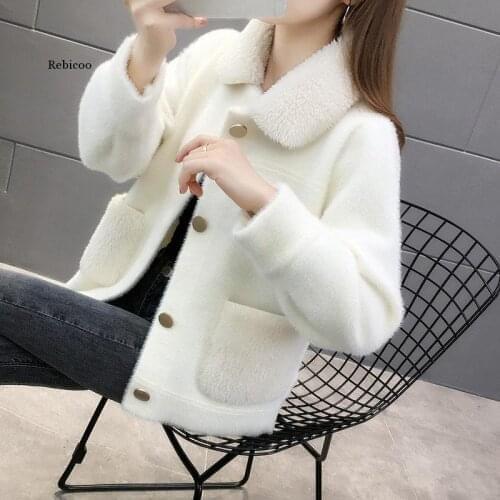 Imitate Mink Cashmere Short Coat Women Autumn Winter Knitted Sweater Cardigan Jacket with Fur Collar Loose Solid Tops