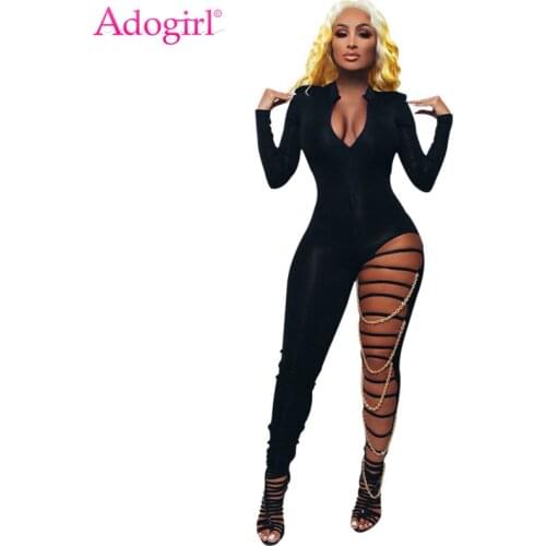 Adogirl Women Sexy Zipper Holes Chain Black Jumpsuit Deep V Neck Long Sleeve Hollow Out Night Club Romper Fashion Overalls