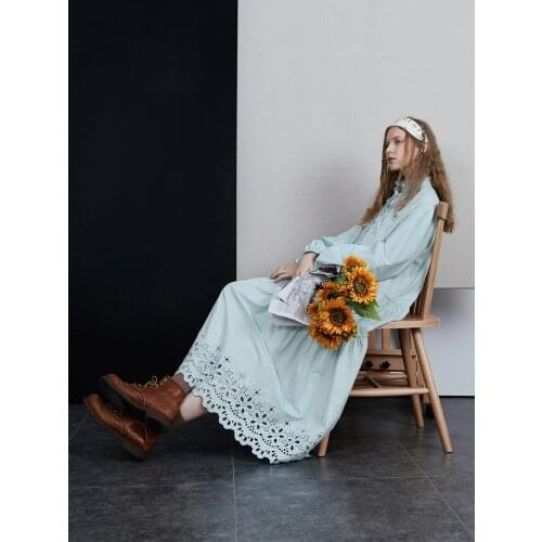 IRINACH445 Fall Winter 2021 Collection Original Design Hollow Out Embroidered Midi Long Sleeve Cotton Vintage Dress Women