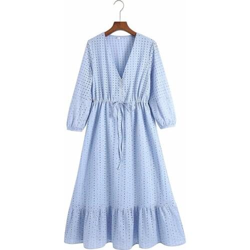 Summer Hollow Embroidery Dresses Women Elegant White Midi Dresses Casual A-Line Lace Dress Vintage V-NecK Vestido De Mujer