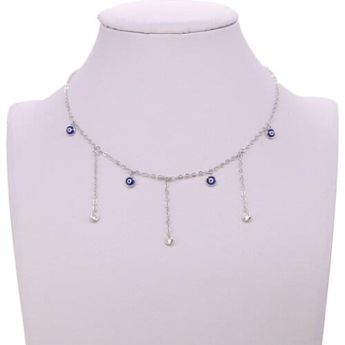 2017 sparking dainty thin chain fine silver color jewelry cute tiny evil eye bezel cz connector women charm necklace 32+8cm