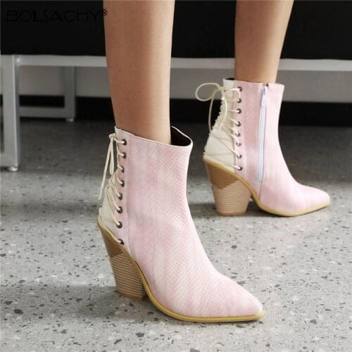 Pink Blue Brown Faux Leather Cowboy Ankle Boots for Women Wedge High Heel Boots Zip Chunky Snake Print Western Cowgirl Boots