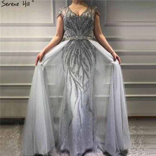 Dubai Short Sleeve Grey Sexy Evening Dresses Design 2021 Luxury Beading Sequined Formal Dress Serene Hill LA70010