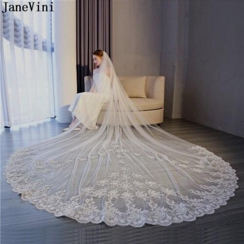 JaneVini Elegant Long Wedding Veils with Comb Lace Appliques Flowers Bridal Veil Cathedral Bride Accessories Velos Para Novias
