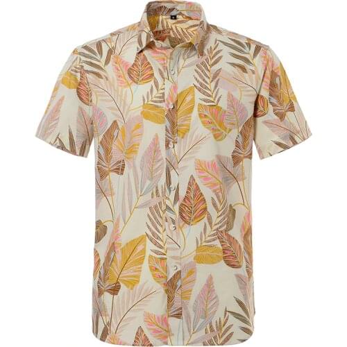 Summer Short Sleeve Hawaiian Men Shirts Print 100% Cotton Beach Big Size Regular Fit