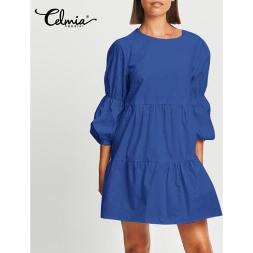 Celmia Robe Summer Mini Dress Casual Women Knotted Puff Sleeve O-neck Dress Solid Loose Pleated Stitching Fashion Vestidos