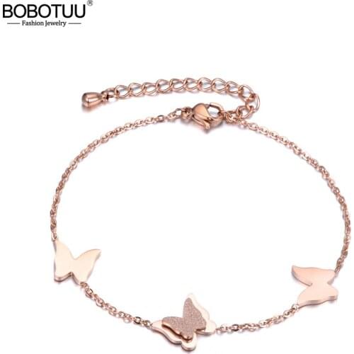 BOBOTUU Butterfly Element Stainless Steel Chain Bracelet Added Chain Rose Gold Color Jewelry For Women Girl Armbanden BB18182