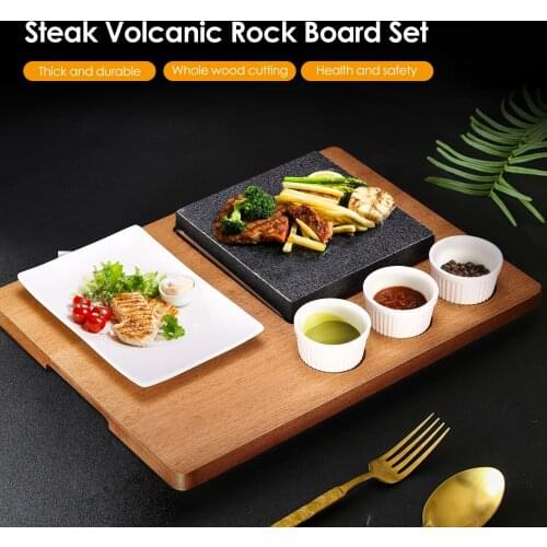 Lava Stone Steak Board With Sapele Solid Wood Board And Porcelain Plate With Sauce Cups Steak Meat Fish Grilling On A Hot Stone