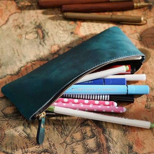 Crazy Horse Leather School Pencil Case Vintage Mini Large Penalty Pencilcase Make up Big Pen Bag for Girls Boys Stationery Pouch