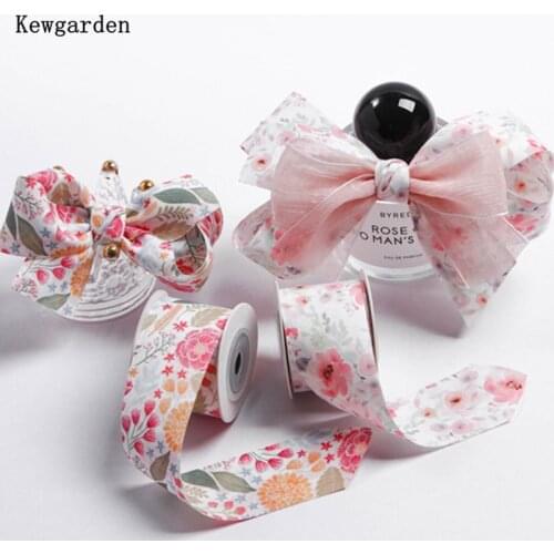Kewgarden DIY Make Hairbow Accessories Flower Gift Packing Printed Floral Ribbon 1.5" 38mm Handmade Tape Crafts 10 Yards