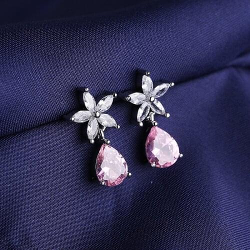 Cute Romantic Flower Stud Earrings For Women Pink Water-Drop Crystal AAA Zircon Stone Tiny Fashion Earring Piercing Jewelry Gift