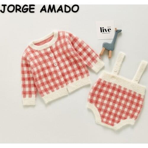 2021 New Autumn Baby Girls Sets Pink Plaid Sling Bodysuit + Long Sleeves Round Collar Open Stitch Sweater Children Outfits E1304