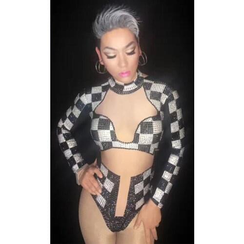 New Glisten Black White Gird Bodysuit Women Sexy Party Costumes Stage Wear Body Suits Dance Nightclub Singer Rhinestone Outfit