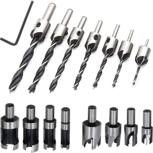 New 8 Pieces HSS Taper Claw Type Wood Plug Cutter Drill Bits 5/8 inch 1/2 inch 3/8 inch 1/4 inch + 7 Pieces Countersink Drill Bi