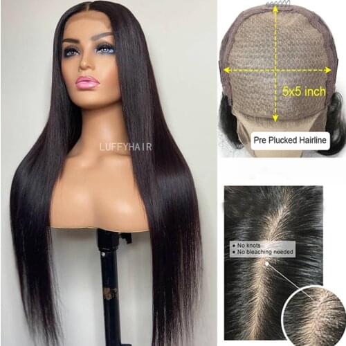 5x5 Silk Base Human Hair Wigs with Baby Hair Gluelesss Brazilian Silky Straight PU Silk Base Wigs 30inch 150% Density