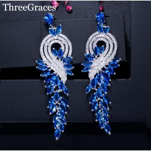 ThreeGraces Luxury Women Wedding Earrings Jewelry Dark Blue CZ Crystal Big Long Dangle Drop Leaf Earring for Brides ER050