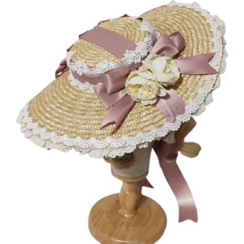 F3MD Japanese Lolita Sweet Handmade Straw Sun Hat Lace Patchwork Ribbon Bandage Bowknot Wide Brim Elegant Tea Party Beach Flat