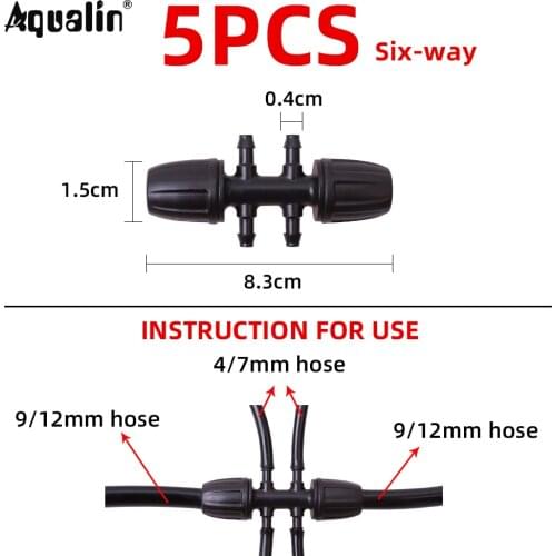 Six Way connector 9/12mm to 4/7mm Hose Water Splitter Irrigation PE Pipe Joints Garden Water Adapter #26301PJ18