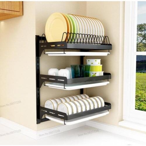 Stainless steel dish rack drain rack double-layer dishware dishes dishes tableware storage box kitchen storage shelf wall-mounte