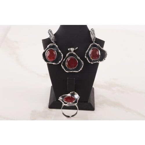 UM US JEWELRY Ruby Cubic Zirconia 925 Sterling Silver Triple Set