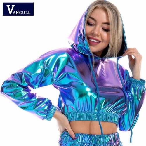 Vangull Sexy Cropped Short Hoodies Women Shiny Hoody Navel Tops Long Sleeve Drawstring Sweatshirt Female Pullovers Streetwear