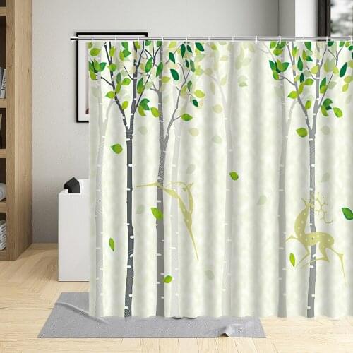 Spring Green Tree Plant Painting Shower Curtain Art Bird Deer Bathroom Bathtub Home Decorative Cloth Waterproof Washable Fabric