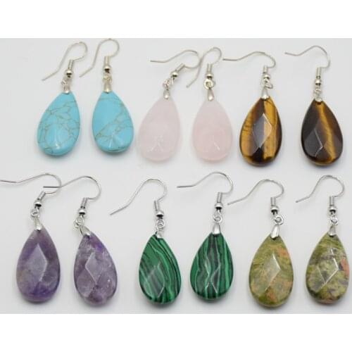 Women faceted Bead Natural Tiger Eye Stone Section Water Drop Hook Earrings Pink Crystal Amethysts Fashion Party Earring Jewelry