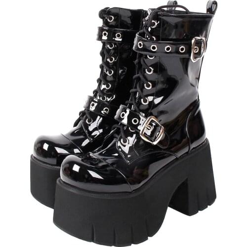 Angelic imprint Women Gothic motorcycle punk boots lady short Boots woman high trifle heels pumps shoes 33-47 10cm buckles 305