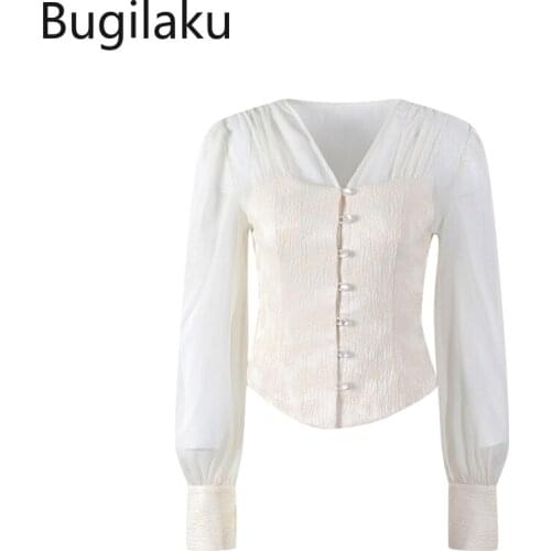 Bugilaku French Style V Neck Shirts Women Long Sleeve Single Breasted Chic Tops Patchwork Autumn New Elegant Blouses Female
