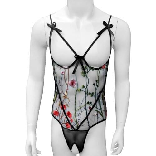 Exotic Mens Bodysuit See Through Floral Embroidery Open Butt Crotchless Sissy Crossdressers Lingerie Sexy Sleepwear Nightwear