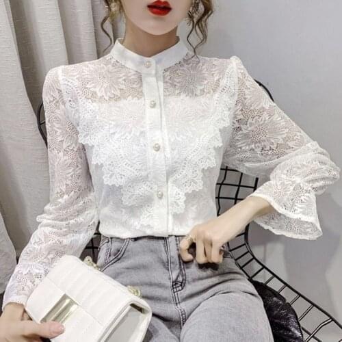Elegant Floral Embroidery Petal Sleeve Lace Shirts Blouses Women New Sexy See-through Solid Color Fashion Office Shirt Tops