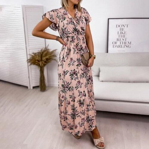 Summer Casual Dress V Neck Waist Tight Lotus Leaf Women Short Sleeve Loose Dress for Date Plus Size Beach Boho Loose Midi Dress