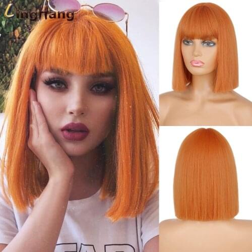 Linghang Short Bob Wig With Bangs for Women Synthetic Bob Wigs Black Pink Purple Wig for Party Daily Use Shoulder Length