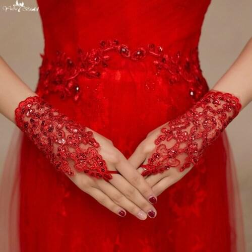 LZP076 Red Gloves Sequin Lace Bridal Gloves Guantes De Novia