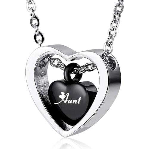 Fashion Engraved Custom Stainless Steel Heart black Pendant Cremation Urn Necklace for Ashes Keepsake Memorial Aunt Sister