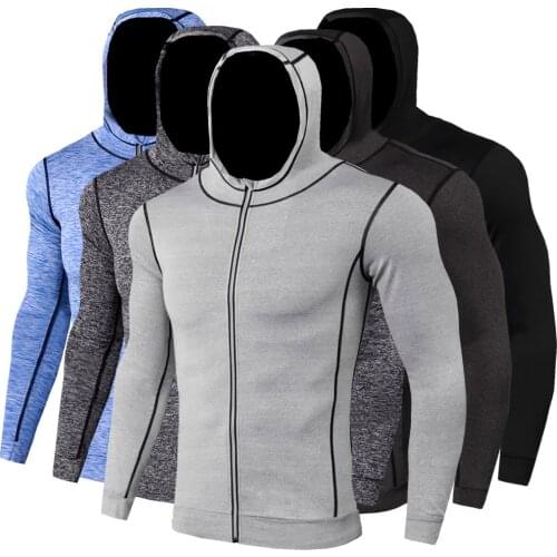 Mens Quick-Drying Jacket Tight-fitting Breathable Warm Tops Running Fitness Clothes Long Sleeve Reflective Hooded Sweatshirt