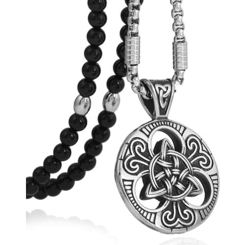 Mens Stainless Steel Celtic knot Magic Both Sided Pendant Necklace with Black Natural Stone Chain 26" for Men Jewelry