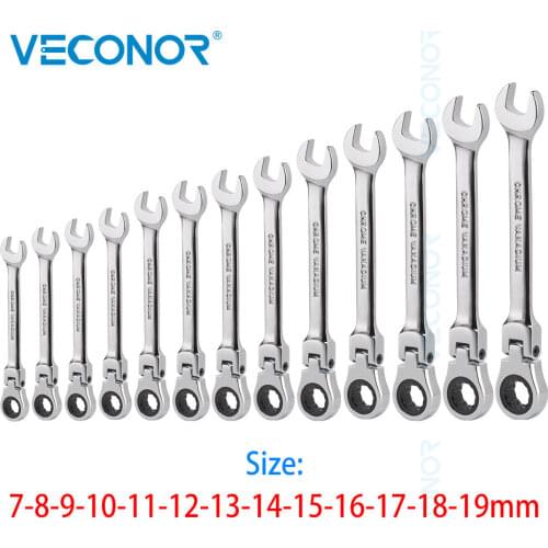 13Pcs Ratchet Key Wrench Set Ratcheting Spanner Tools Mirror Polish 72T Flexible Head Ratchet Combo Wrench Set 7-19mm Full Size