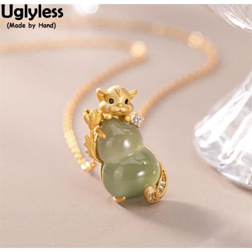 Uglyless Natural Jade Gourd Necklaces for Women New Design Rats Year Gift Creative Animals Jewelry 925 Silver Rat Mouse Pendant