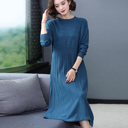2021 Autumn Winter New Womens Long Sleeve Sweater Pullovers Female Knitted Long Dress Ladies Solid Thicken Warm Dresses Z731