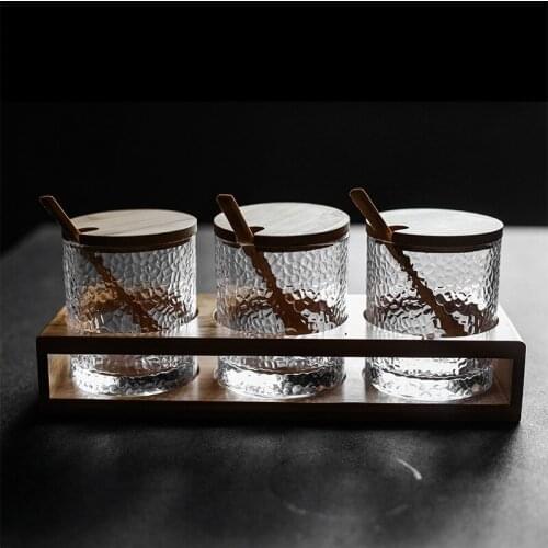 Japanese style hammer glass seasoning jar three-piece kitchen tank salt can condiment jar set seasoning