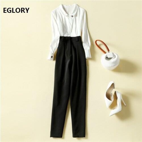 Top Quality Designer Jumpsuit 2020 Autumn Women Turn-down Collar Black White Color Block Patchwork Long Sleeve Jumpsuit Rompers