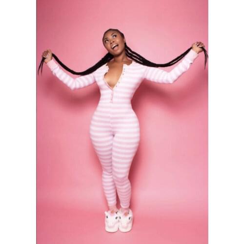Women Long Sleeve Bodysuit Slim Fit Top Autumn Spring Gray Pink Striped Leotard Jumpsuit Fashion Female Bodycon Long Trousers