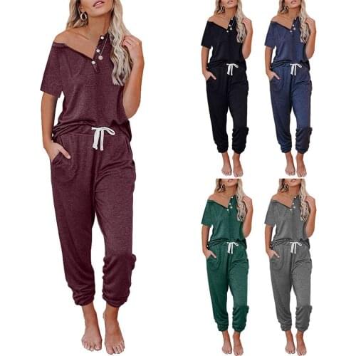 Two Piece Sets Women Tops+Pant Tracksuit Fashion Button V-neck Short Sleeve Solid Loose T-Shirts with Long Pants Harem Trousers