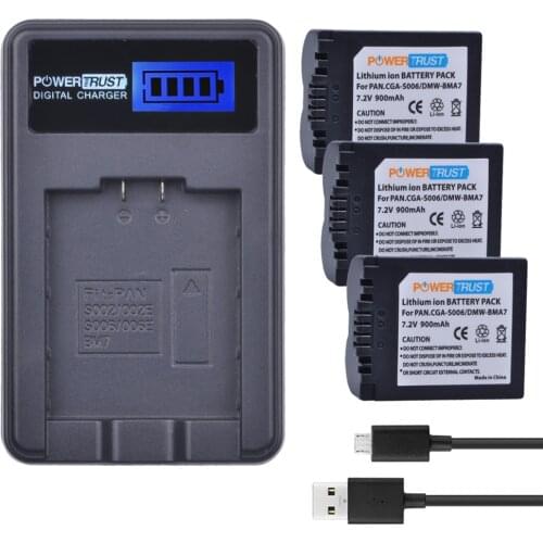 PowerTrust 3x CGA-S006 CGR CGA S006E S006A S006 DMW-BMA7 Battery +LCD USB Charger for Panasonic DMC FZ7 FZ8 FZ18 FZ28 FZ30 FZ35